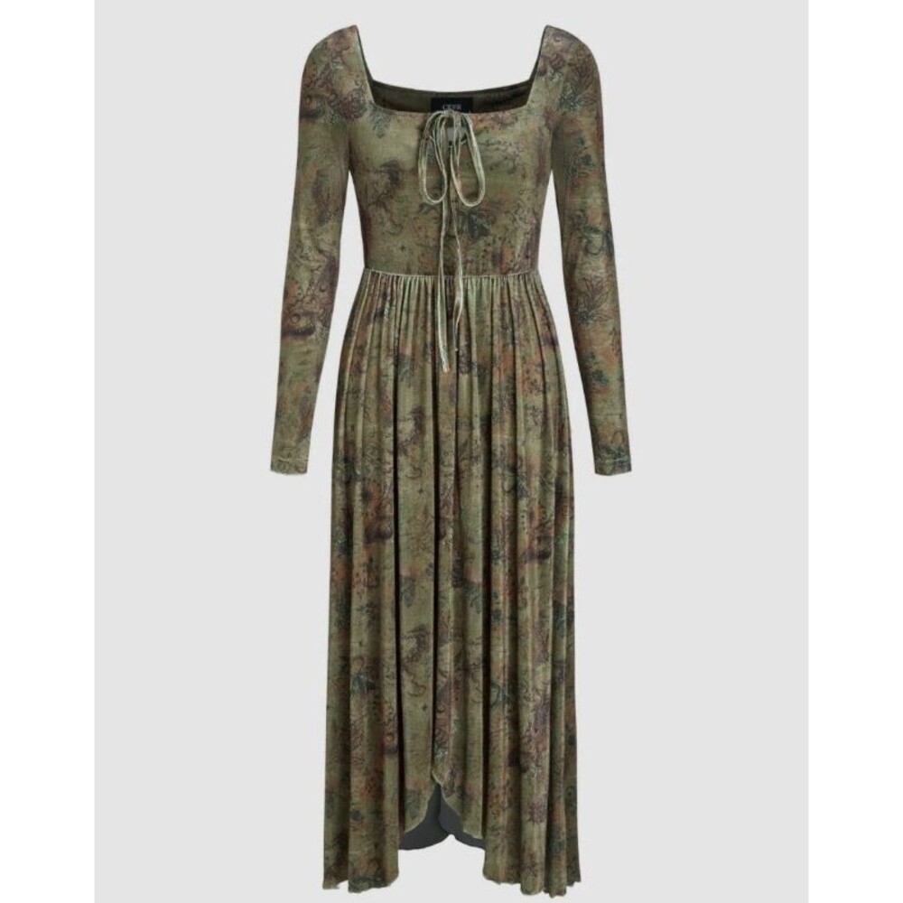 Cider 12 14 Green Velvet Square Neck Floral Drawstring Midi Dress Long Sleeve